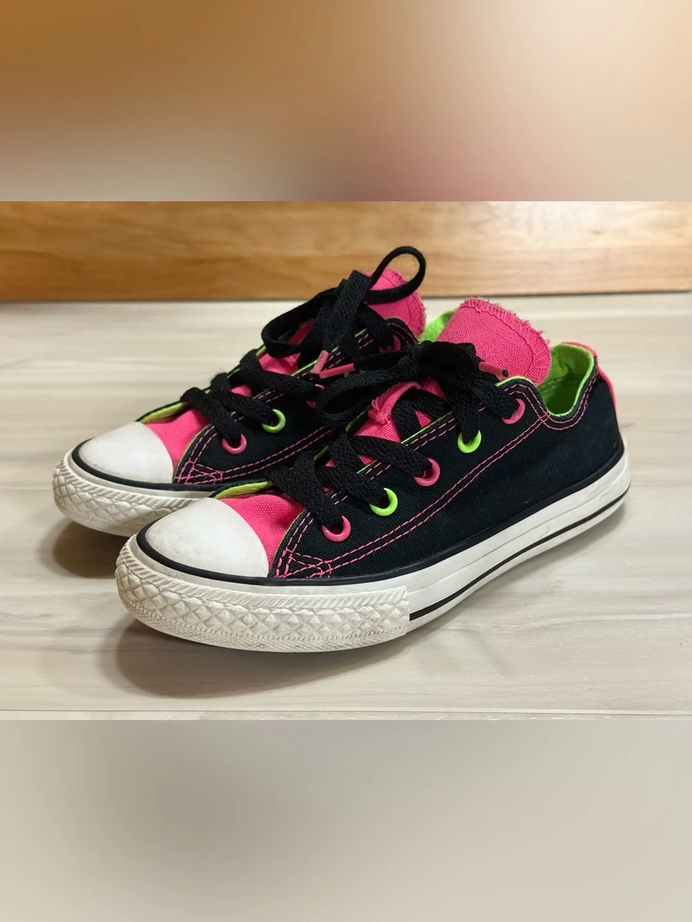 Kids Black Converse Sneakers with Pink and Green Accents size 13